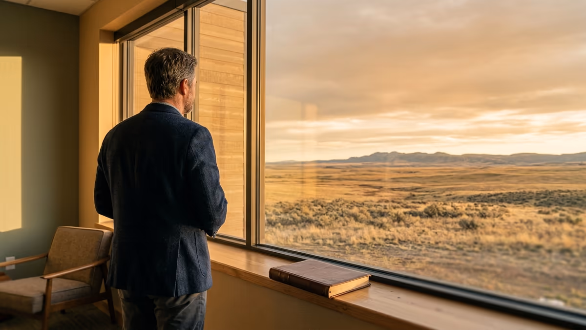 A business owner standing at a wide office window at golden hour, looking out over open plains, with a closed ledger book resting on the sill.