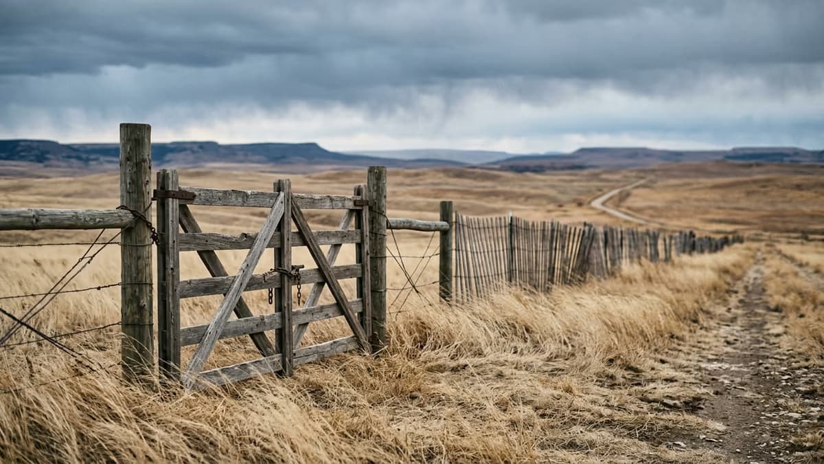 A closed wooden ranch gate on windswept high plains under low gray clouds