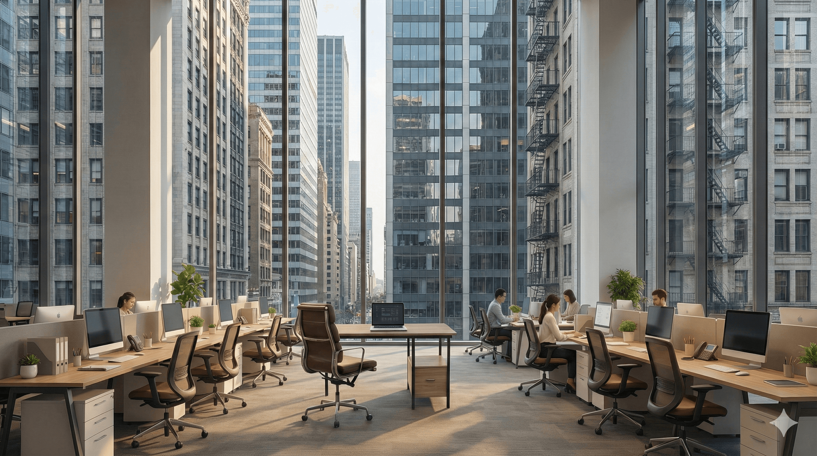 Modern virtual office with city skyline view