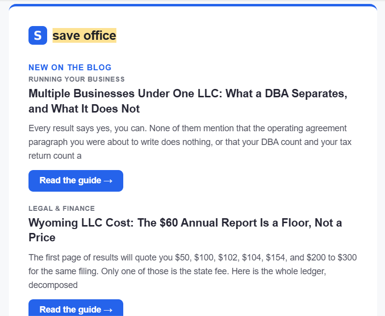 A save office newsletter email showing two new blog guides with Read the guide buttons